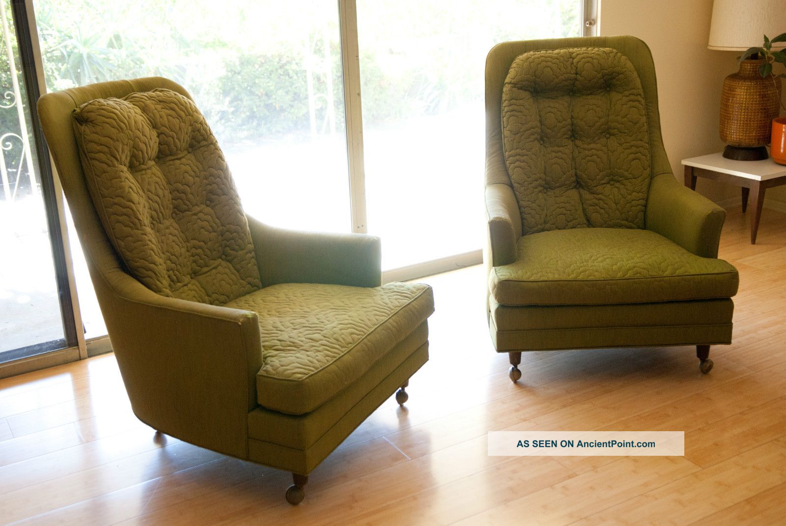 2 Vintage Mid Century Modern High Back Chairs Moss Green Upholstery 1900-1950 photo