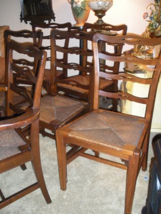 Antique Chippendale Ladder Back Country Dining Chairs Rush Seats Set 6 photo