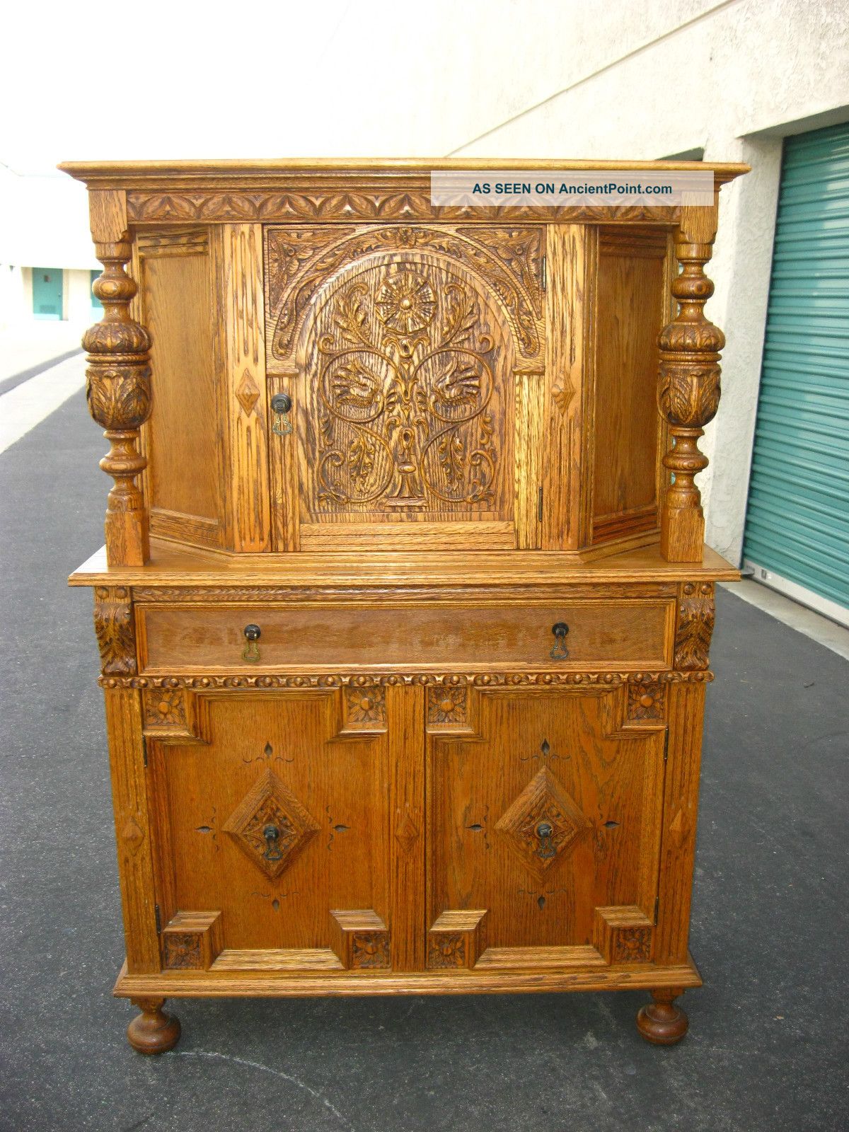 (2of3) Vintage French Country Ornate Oak Server Hutch Buffet Cabinet / Wine Rack 1900-1950 photo
