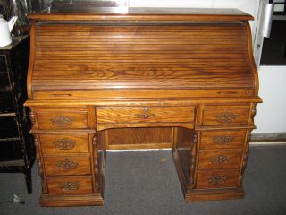 Vint Solid Wood Roll Top Desk Drawers Writing Table Pigeon Holes photo