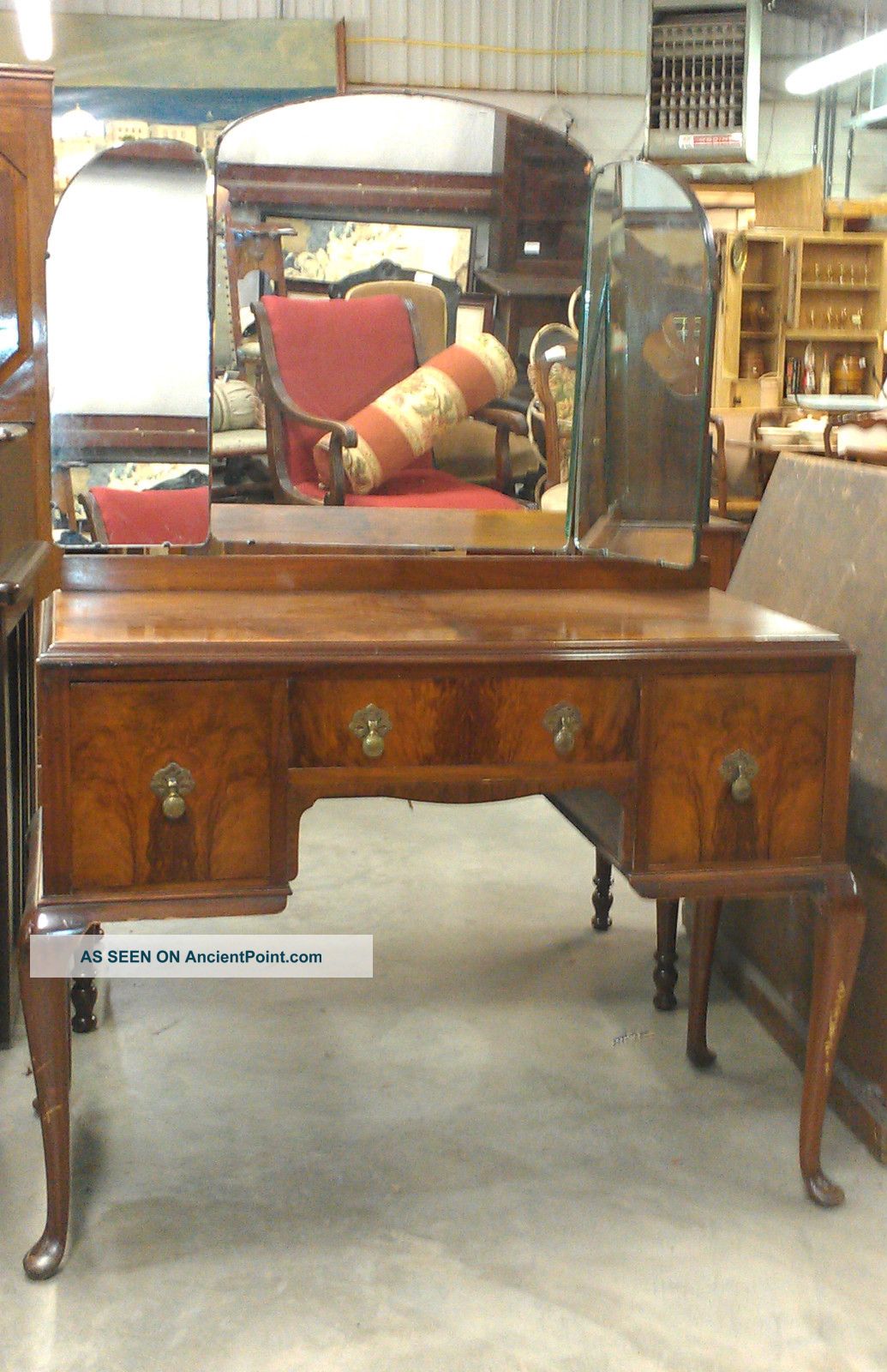 Antique Mid - 20th Century Flame Mahogany Mirrored Vanity Dressing Table W Drawers 1900-1950 photo