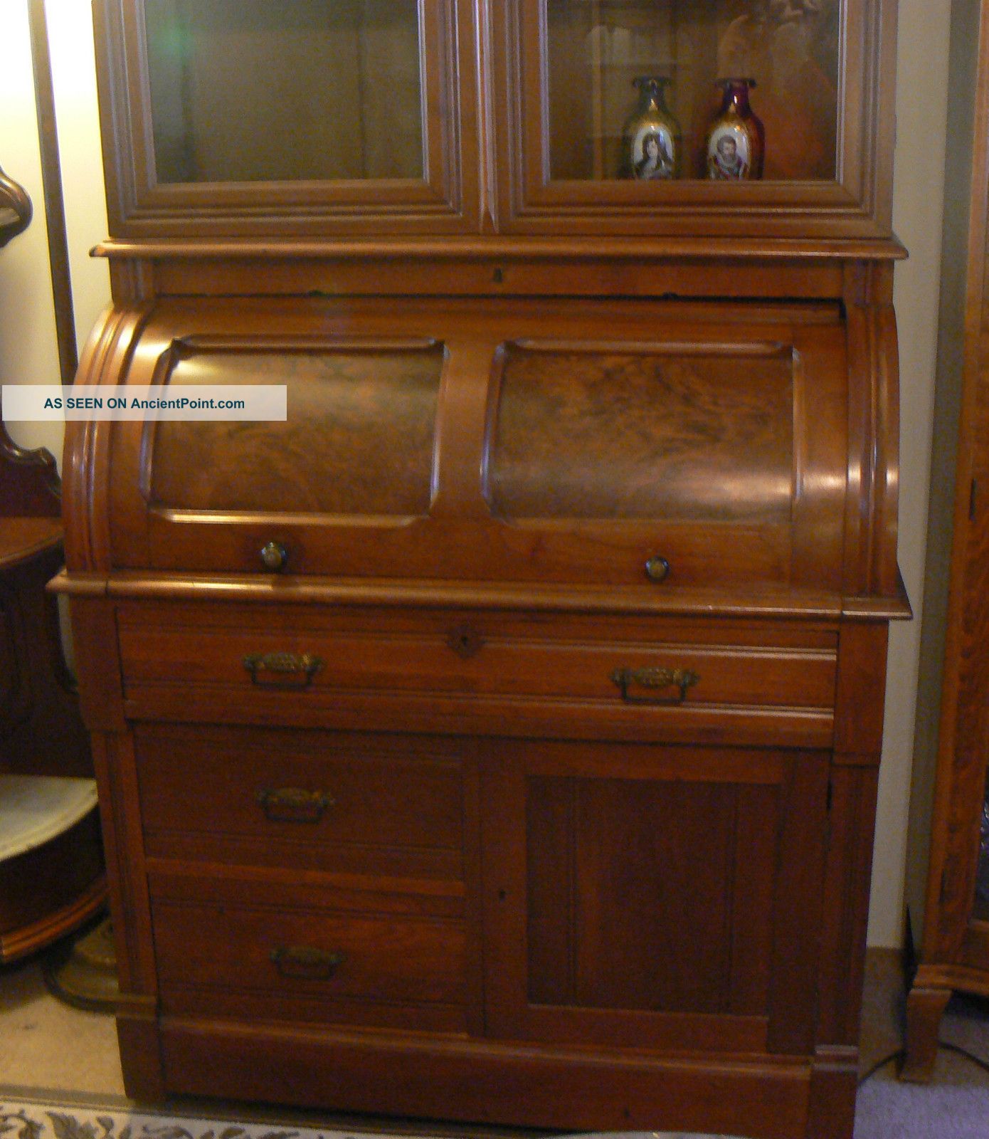 Special Antique Burled Walnut Cyndrical Roll Top Bookcase Bureau Beauty 1800-1899 photo