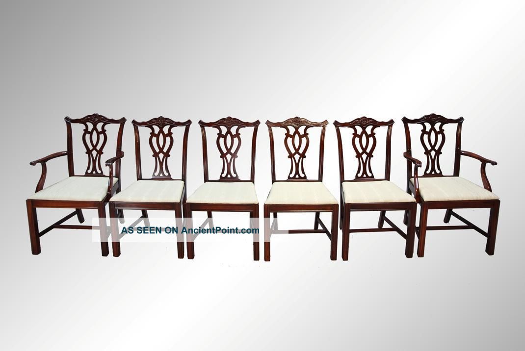15950 Antique Set Of Six Carved Chippendale Dining Chairs - Twin Arms 1900-1950 photo
