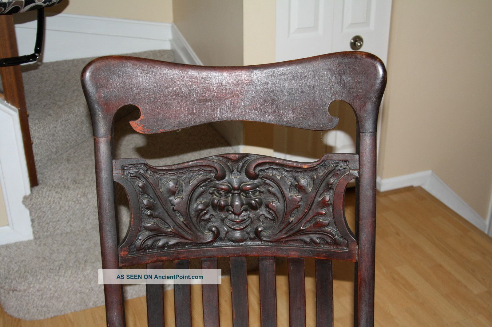 Antique Northwind Large Oak Rocking Chair With Carved Face Rocker