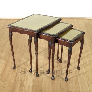 Antique Walnut Regency Nesting Tables Set (3) W/ Glass Top & Leather C1940 P15c photo