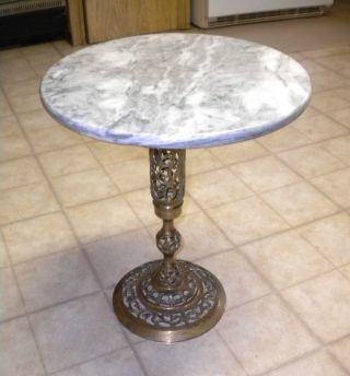 Ornate / Filigree Brass Pedestal Base Table With Round Marble Top,  2 photo
