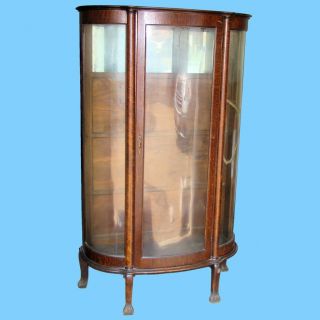 Finish Oak Antique Curved Glass China Cabinet Claw Feet Mirrored Back photo
