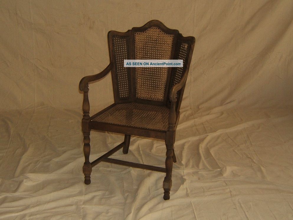 Handcrafted Arm Chair Midtone Stain Colonial Antique Wood Cane Back 1900-1950 photo