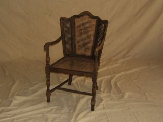 Handcrafted Arm Chair Midtone Stain Colonial Antique Wood Cane Back photo