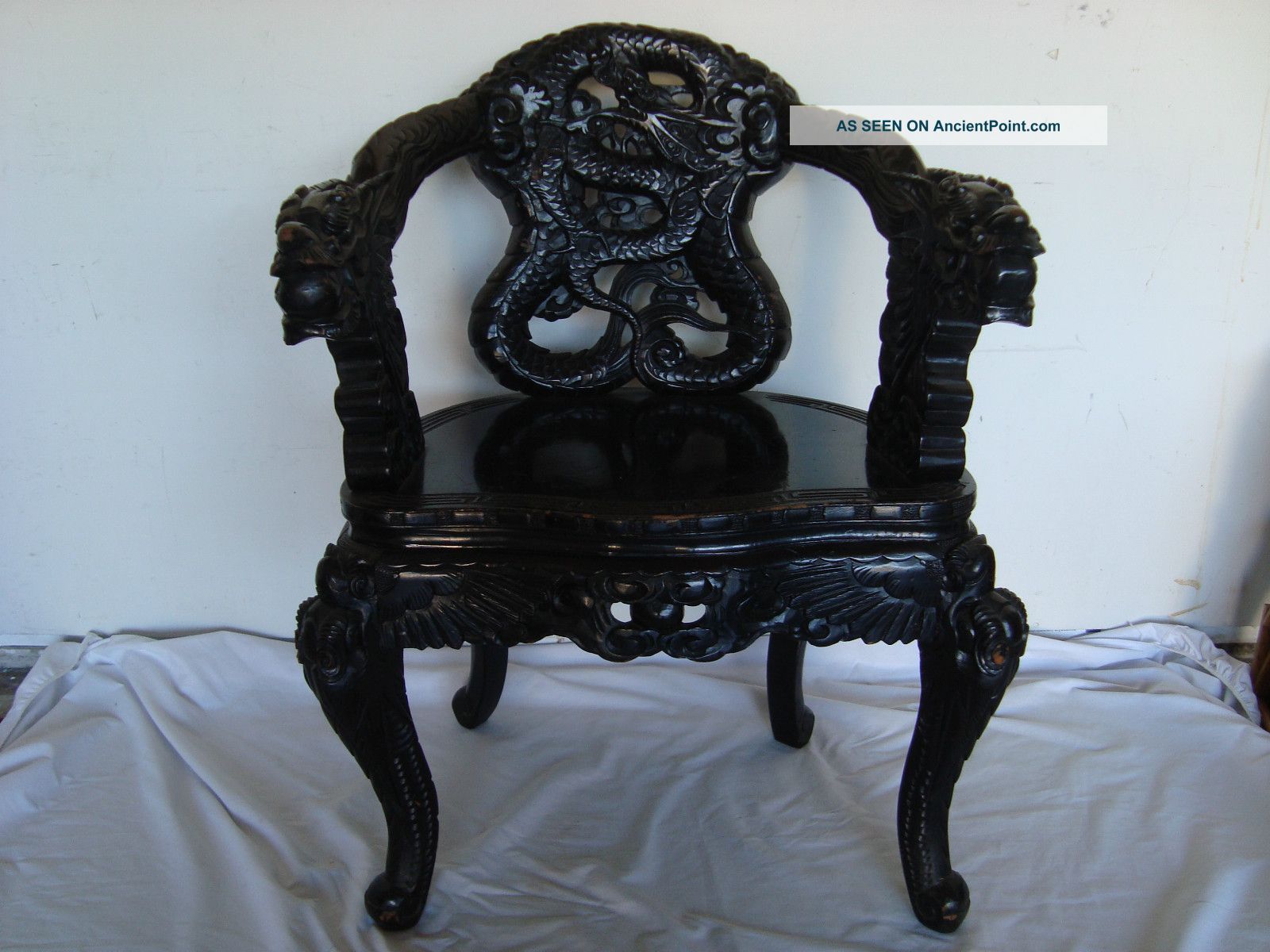 Japanese 1930s Antique Carved Black Lacquered Chair With Dragons & Phoenix 1900-1950 photo