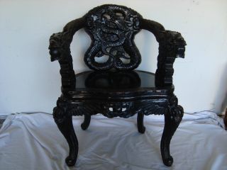 Japanese 1930s Antique Carved Black Lacquered Chair With Dragons & Phoenix photo