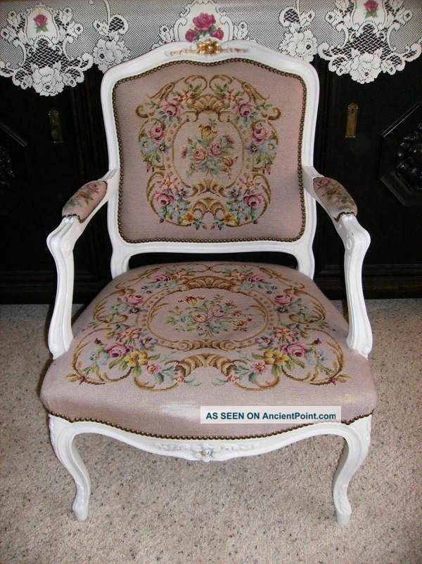 Antique French Needlepoint Chair Pink Or Rose Floral Wood Frame 1900-1950 photo