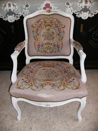 Antique French Needlepoint Chair Pink Or Rose Floral Wood Frame photo