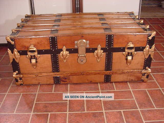 Refinished Flat Top Steamer Trunk Antique Chest With Working Lock And Key 1800-1899 photo