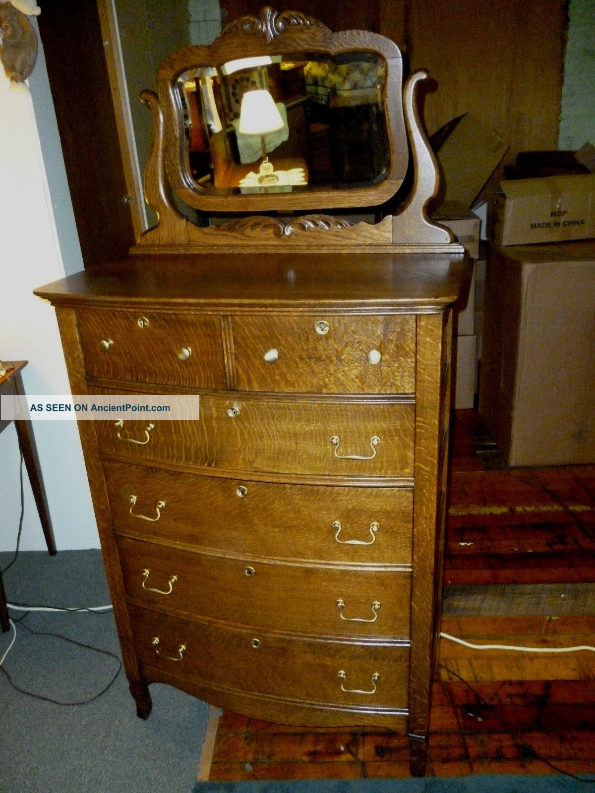 Antique Oak Dresser,  Bureau,  W/ornate Framed Beveled Mirror Hardware 1900-1950 photo
