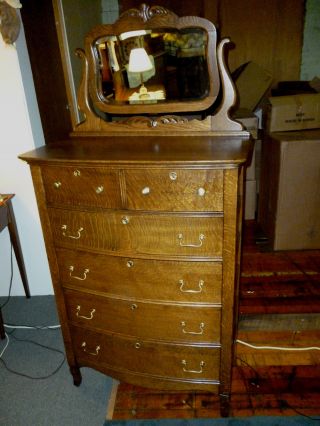 Antique Oak Dresser,  Bureau,  W/ornate Framed Beveled Mirror Hardware photo