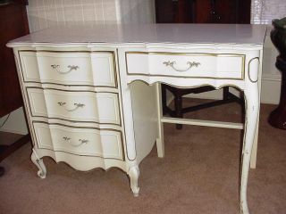 French Provincial Broyhill White Desk Laminate Top Gold Trim Vintage photo