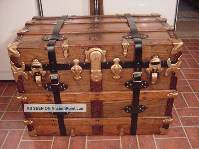 Refinished Flat Top Steamer Trunk Antique Chest With Straps,  Key & Tray 1800-1899 photo