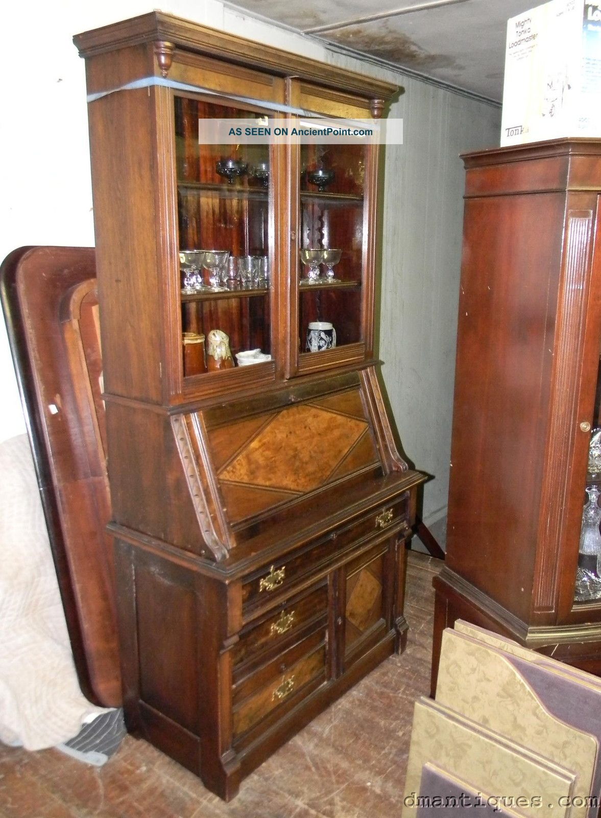 Antique C1800 ' S Walnut & Mahogany Slant Front Secretary Desk With Bookcase Top 1800-1899 photo