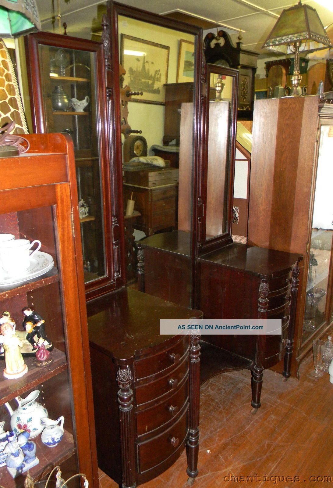 C1930 Solid Mahogany Vanity Dresser Triple Mirror Carved Pineapple Reeded Column 1900-1950 photo