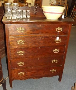 Antique Oak 5 Drawer High Boy Dresser,  Finish Oak Dresser To Refinish photo