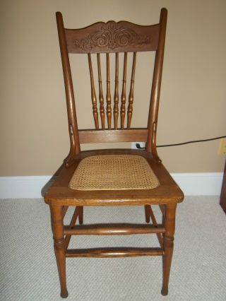 Antique Golden Oak Pressed Back Chair W/ Cane Seat photo