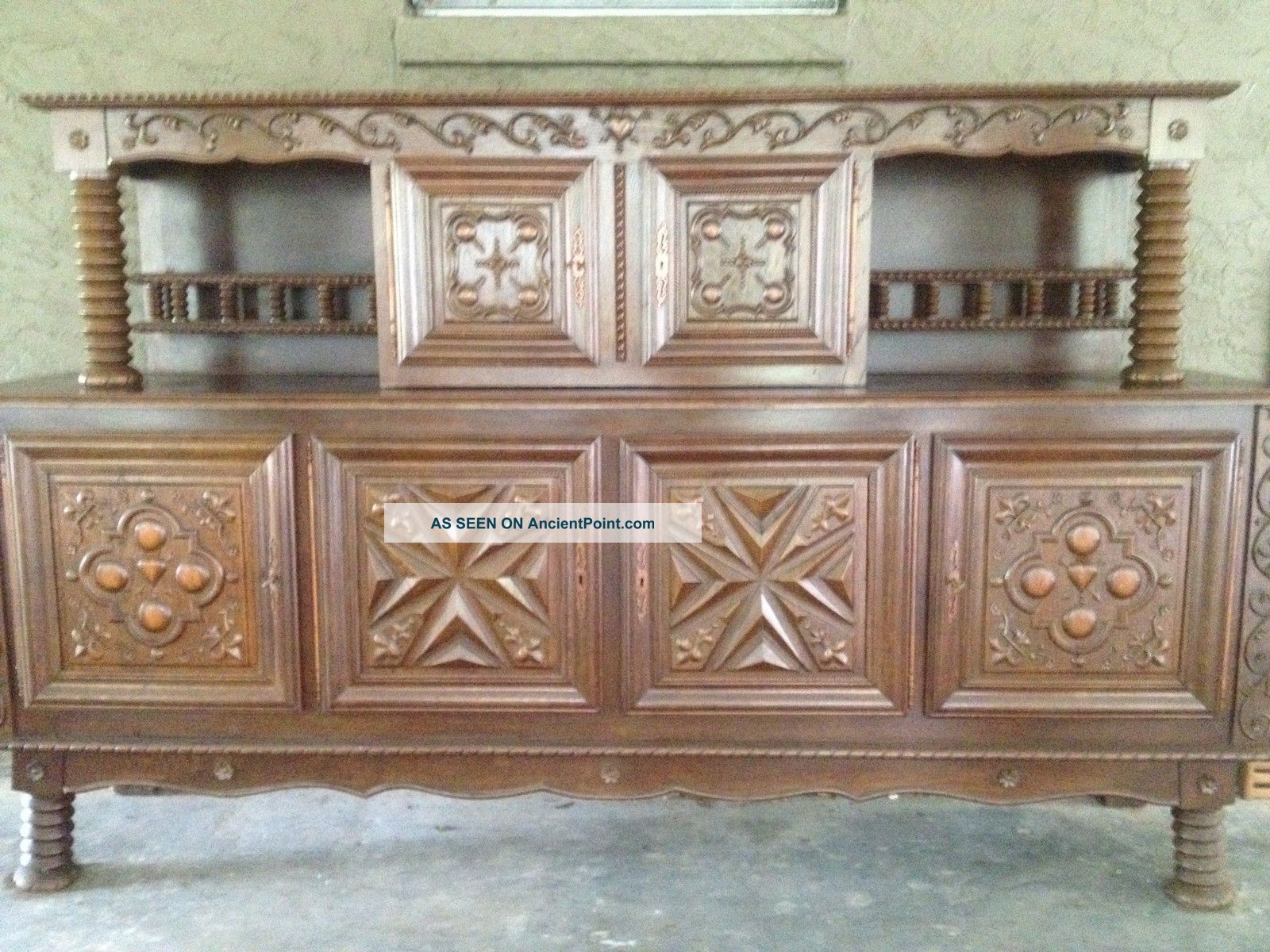 French Renaissance Dining Room Table & Court Cupboard Or Buffet Oak Parquet Tops Unknown photo