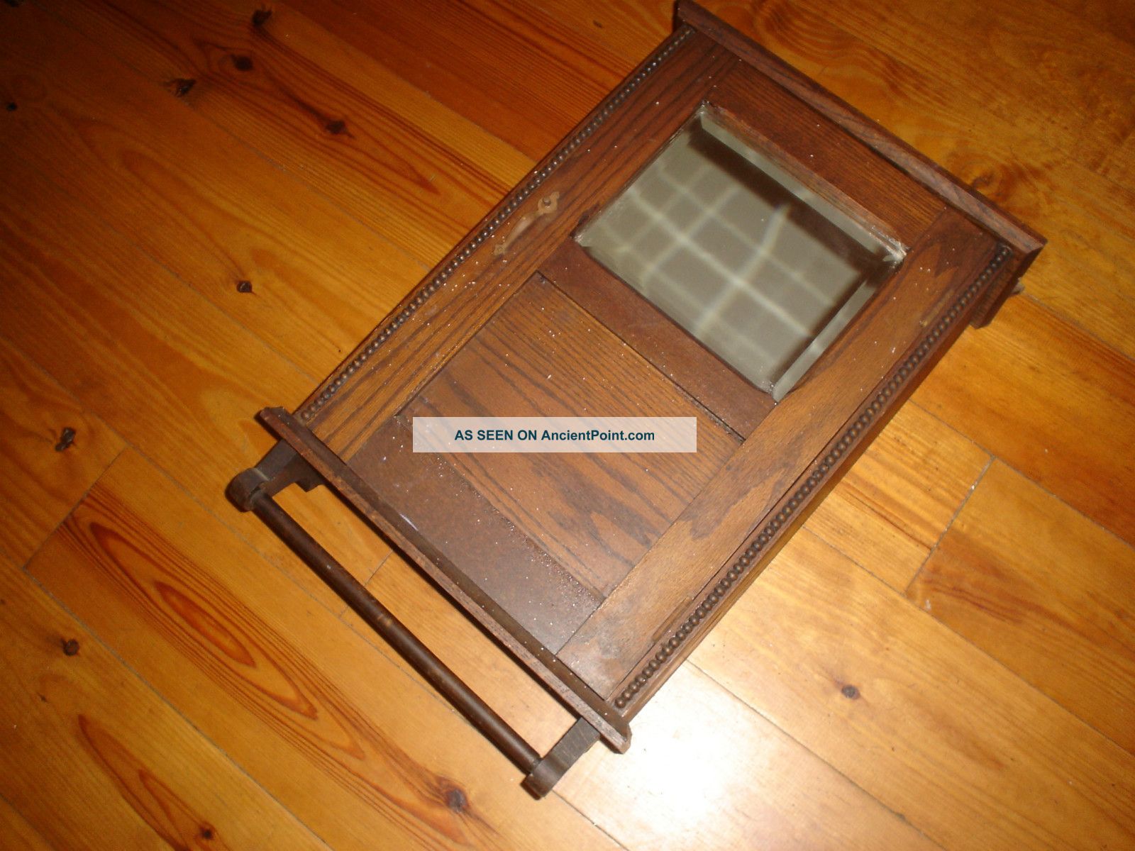Antique Oak Medicine Cabinet Beveled Mirror Towel Rack Primitive 1800-1899 photo