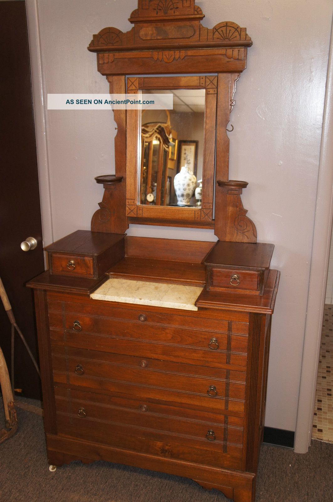 Antique Eastlake Victorian Walnut Dresser Vanity Marble Burl Wood