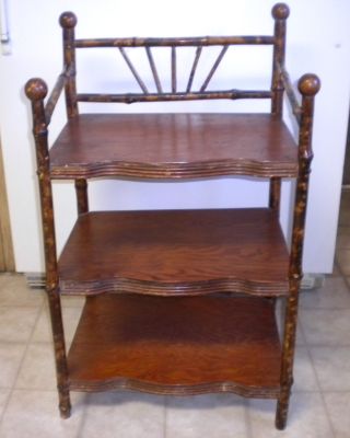 Antique Wood Three Tier With Bamboo Ball And Stick Shelf / Bookcase photo