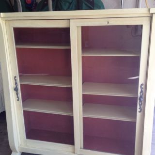 Antique Empire Bookcase With Glass Doors Painted Cream And Pink photo