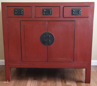 Antique Asian Red Painted Kitchen Cabinet Or Bedroom Dresser C.  19th Century photo