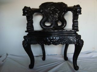 Japanese 1930s Antique Black Lacquered Chair With Carved Dragons photo