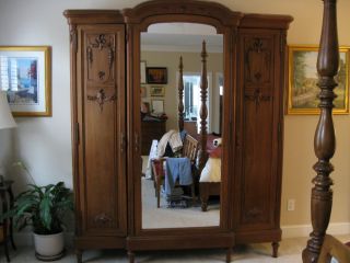 Antique French Walnut Armoire,  3 Door Hand Carved photo