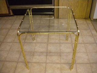Vintage Hollywood Regency Faux Metal Bamboo,  Glass Top End Table,  Bin photo