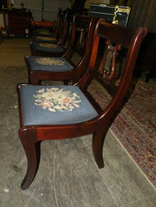 Set Of 5 Antique Needlepoint Mahogany Harp Lyre Dining Room Chairs photo