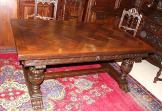 Carved French Antique Gothic Henry Ii Oak Dining Table. photo