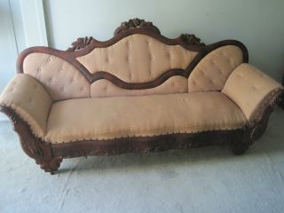 Antique Vintage Victorian Wood Bugundy Cushion Couch Sofa Hand Crafted 1800 ' S photo