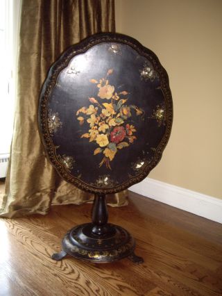 Antique Victorian Paper Mache Tilt Top Chinoiserie Table Inlay photo