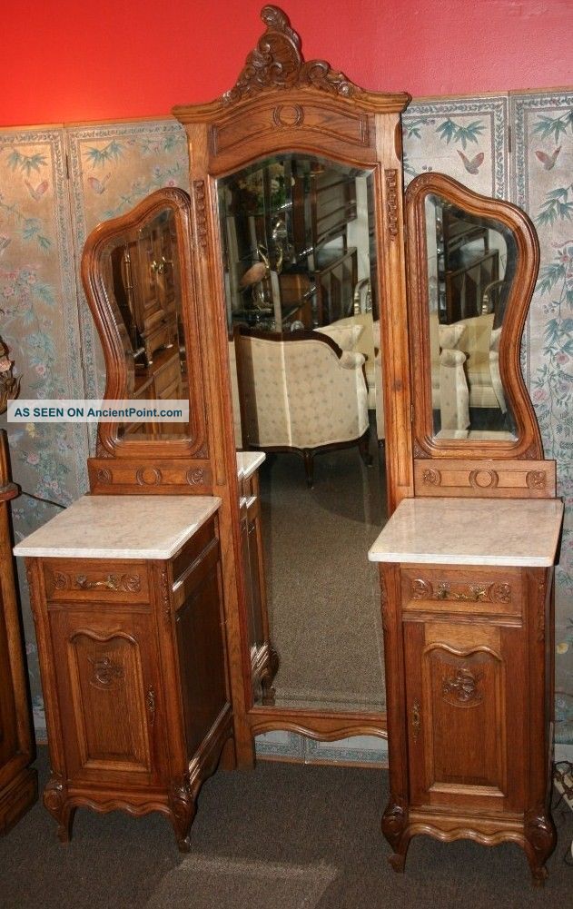 Antique Carved Golden Oak Marble Top Triple Dressing Mirror Vanity Victorian 1900-1950 photo