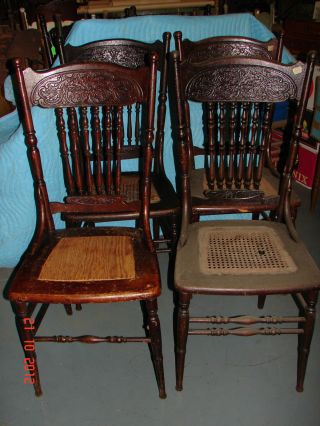 4 Matching Oak Pressed Back Chairs - Early 1900 ' S - Lion Heads Facing Each Other photo