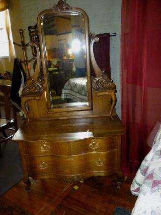 Antique Oak Dresser Bureau Beveled Mirror Carved Lions Refinished photo