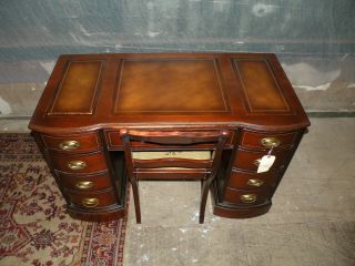 Antique Leather Top Mahogany Kneehole Desk With Needlepoint Chair photo