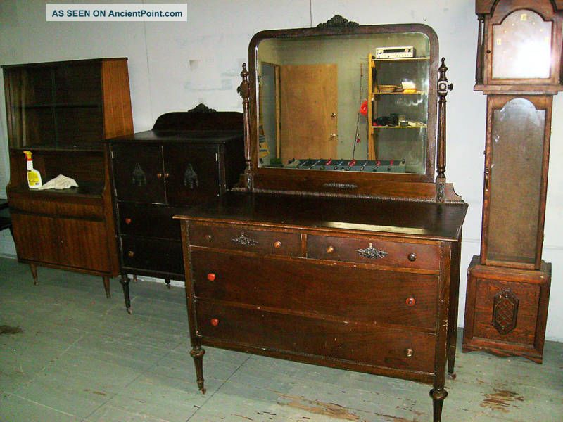 Antique Wood Vanity Big Mirror & Drawers 1900-1950 photo