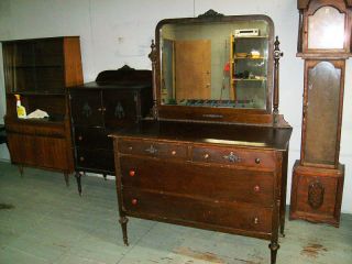 Antique Wood Vanity Big Mirror & Drawers photo
