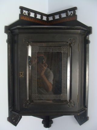 Antique 19c.  Fine Victorian Carved Ebonized Walnut Small Corner Shelf Cupboard photo