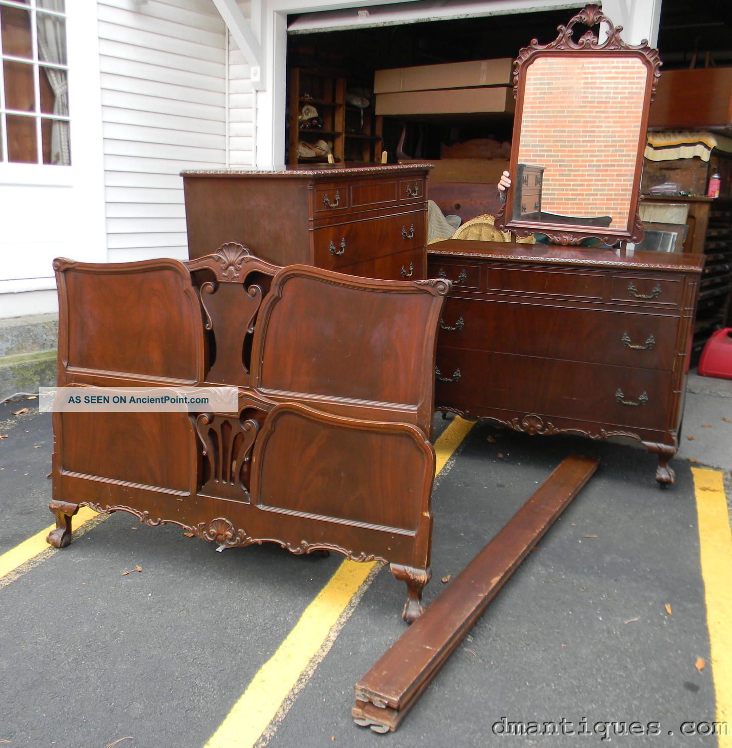Antique Mahogany Bed Dresser Mirror Tall Chest Carved Chippendale Ball Claw Foot 1900-1950 photo