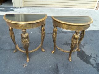 49550 Pair Gold Marble Top Figural Console Table Stand S photo