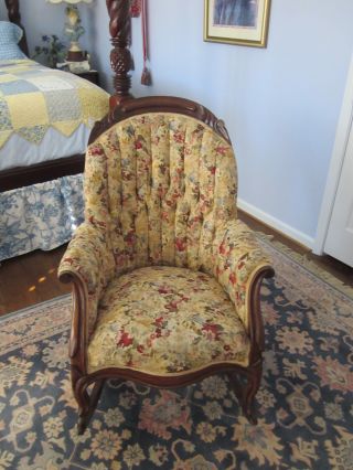 Antique Victorian Sleigh Rocking Chair With Tufted Tapestry Upholstery photo