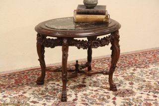 Carved Oval Chairside Or Coffee Table,  Black Marble photo